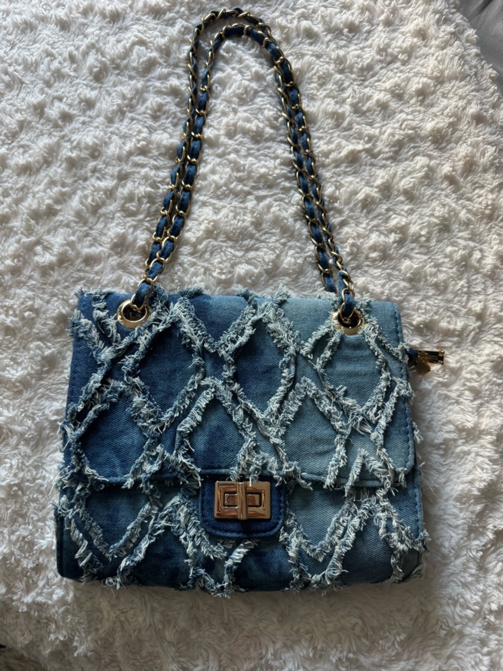 Denim Fringe Chain-Handle Shoulder Bag - Blue